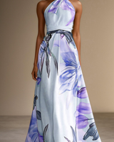 Floral Satin One-Shoulder Maxi Dress with Belted Waist