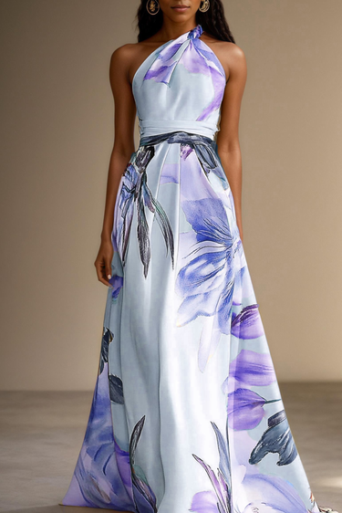 Floral Satin One-Shoulder Maxi Dress with Belted Waist