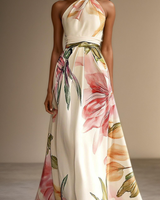 Floral Satin One-Shoulder Maxi Dress with Belted Waist
