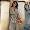 Front view of a khaki kimono-style top and wide-leg trouser two-piece set