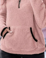 Fluffy Cardigan Womens with Half-Zip Neckline and Kangaroo Pocket