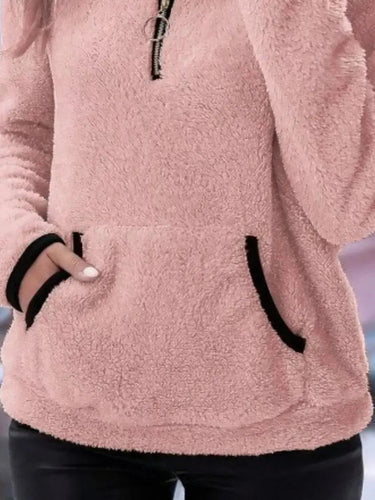 Fluffy Cardigan Womens with Half-Zip Neckline and Kangaroo Pocket