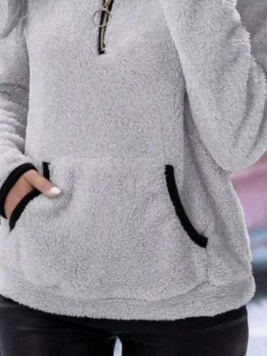 Fluffy Cardigan Womens with Half-Zip Neckline and Kangaroo Pocket