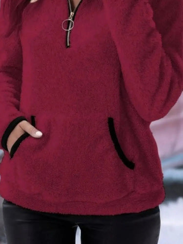 Fluffy Cardigan Womens with Half-Zip Neckline and Kangaroo Pocket