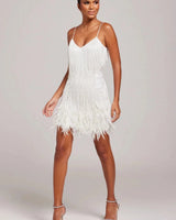 Fringe Feather Mini Dress with Spaghetti Straps