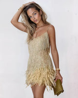 Fringe Feather Mini Dress with Spaghetti Straps