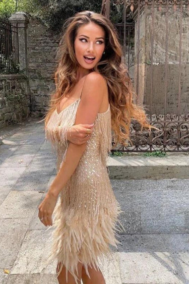 Fringe Feather Mini Dress with Spaghetti Straps