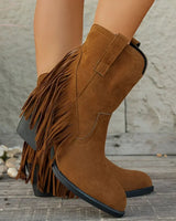 Side view showing fold-over strap detail and stacked block heel