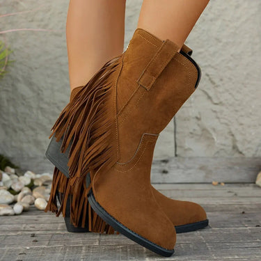 Side view showing fold-over strap detail and stacked block heel