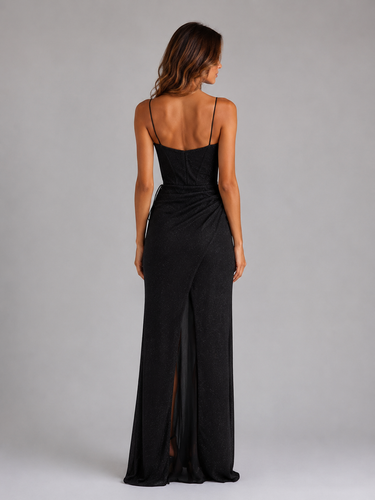 Side view showing the ruched skirt and high thigh split