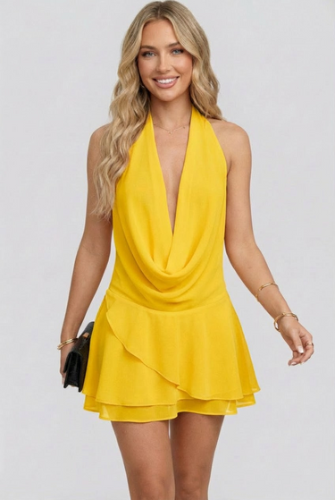 Halter Backless Mini Dress with Plunge Neckline