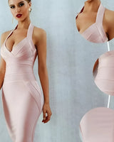 Halter Neck Bandage Midi Dress with Deep V Neckline