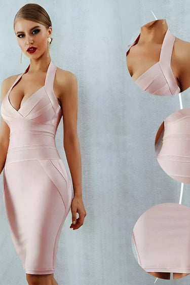 Halter Neck Bandage Midi Dress with Deep V Neckline