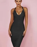 Halter Neck Bandage Midi Dress with Deep V Neckline