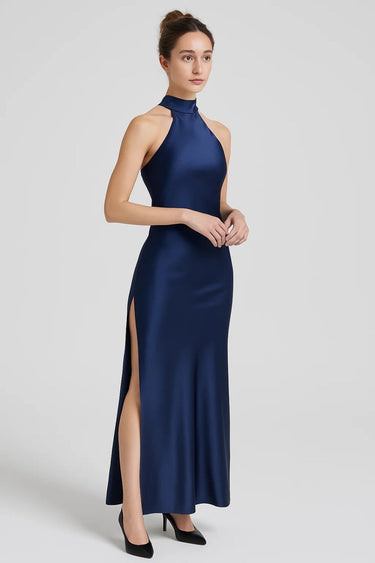 Halter Neck Maxi Dress with Side Slit and Tie-Back