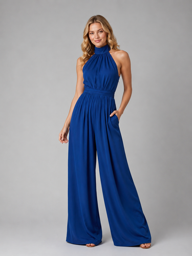 Back view of the sleeveless halter neck jumpsuit with open back detail