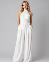 Front view of a wide-leg halter neck jumpsuit with gathered neckline and defined waistband