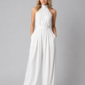 Front view of a wide-leg halter neck jumpsuit with gathered neckline and defined waistband