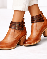 Women's heeled ankle boots with block heel and almond toe, side view