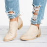 Rear view of block heel ankle boot showing heel height and boot silhouette