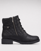 Side view of leather ankle boots showing block heel height