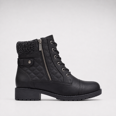 Side view of leather ankle boots showing block heel height