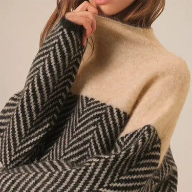 High Neck Patterned Knit Jumper with Relaxed Fit