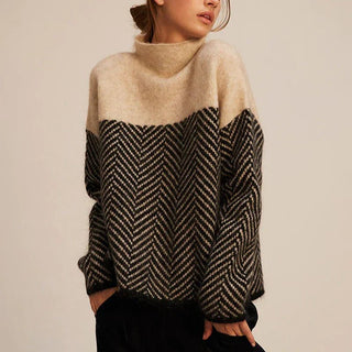 High Neck Patterned Knit Jumper with Relaxed Fit