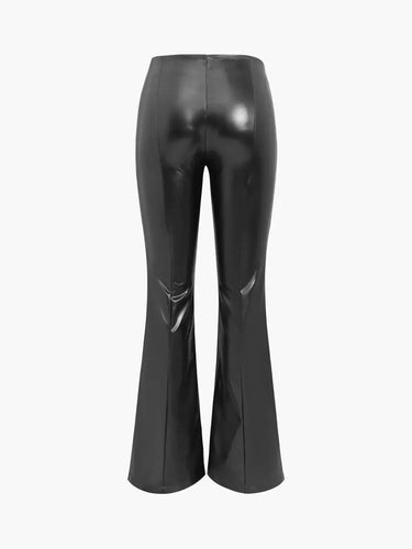 High-Rise Flared Trousers with Front Slits in Coated Faux Material