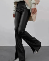 High-Rise Flared Trousers with Front Slits in Coated Faux Material