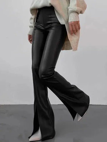 High-Rise Flared Trousers with Front Slits in Coated Faux Material