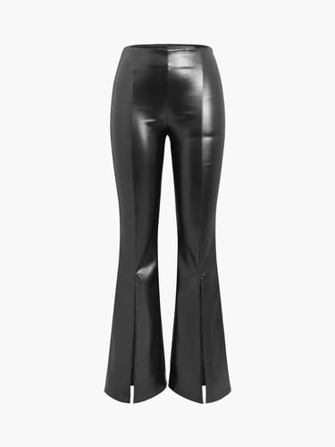 High-Rise Flared Trousers with Front Slits in Coated Faux Material