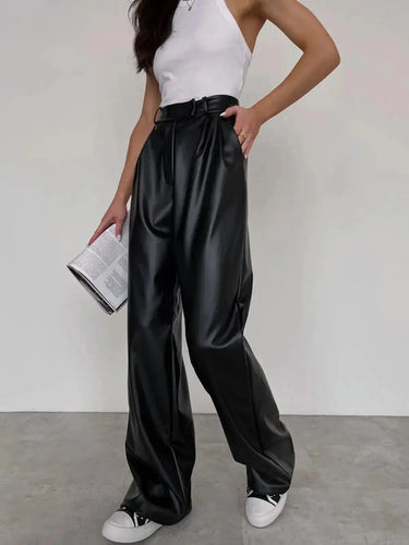 High-Rise Wide-Leg Trousers in Coated Faux Material