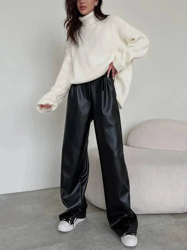 High-Rise Wide-Leg Trousers in Coated Faux Material
