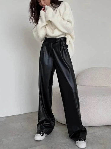 High-Rise Wide-Leg Trousers in Coated Faux Material