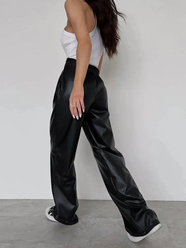 High-Rise Wide-Leg Trousers in Coated Faux Material
