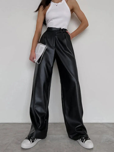 High-Rise Wide-Leg Trousers in Coated Faux Material