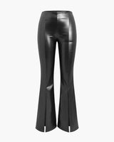 High Waisted Coated Flared Trousers with Front Slit