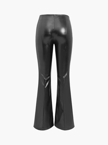 High Waisted Coated Flared Trousers with Front Slit