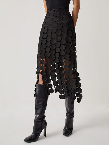 High Waisted Laser Cut Midi Skirt with Circular Cutouts