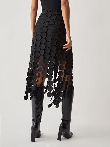 High Waisted Laser Cut Midi Skirt with Circular Cutouts