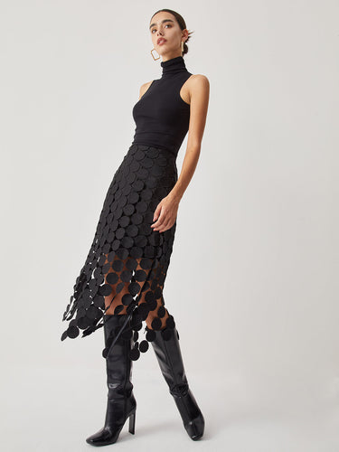 High Waisted Laser Cut Midi Skirt with Circular Cutouts