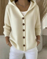 Side view showing relaxed fit and hip length of the cardigan