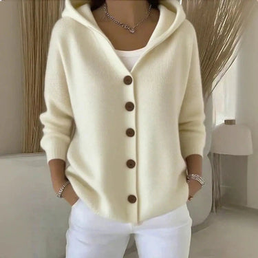 Side view showing relaxed fit and hip length of the cardigan