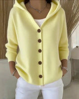 Detail shot of attached hood on the knit cardigan