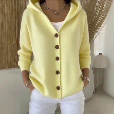 Detail shot of attached hood on the knit cardigan