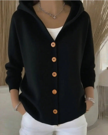 Model wearing the cardigan buttoned up