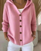 Front view of hooded knit cardigan with button-front closure
