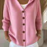 Front view of hooded knit cardigan with button-front closure
