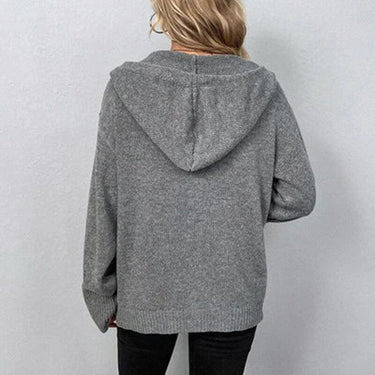 Side view showing the hip length and relaxed fit of the hooded cardigan
